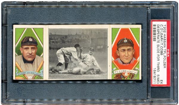 1912 T202 HASSAN TRIPLE FOLDER "A DESPERATE SLIDE FOR THIRD" TY COBB/OLEARY EX PSA 5 (MC)