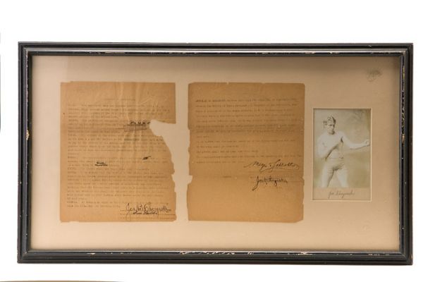 1898 BOXING CONTRACT SIGNED BY JOE CHOYNSKI AND GUS RUHLIN FRAMED W/ ORIGINAL CHOYNSKI PHOTO 