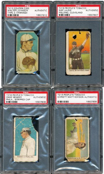 1911-19 LOT OF (5) RARE CARDS - LAJOIE (FIELDING, CLEVELAND)(KOTTON), MATHEWSON (KOTTON), BENDER (STRIPPED CAP, PHIL) (VIRGINIA BRIGHTS),  JOHNSON (COUPON CIGARETTES TYPE 3), AND MARQUARD (MINO)
