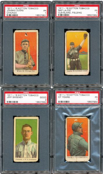1911-16 T216 KOTTON TOBACCO PSA GRADED LOT OF (4) INCLUDING YOUNG, LAJOIE AND EVERS 