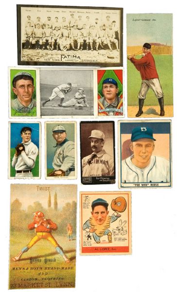 PRE-WAR SHOEBOX LOT OF 28 INCLUDING YOUNG, MATHEWSON, LAJOIE, REESE AND OTHER HALL OF FAMERS 