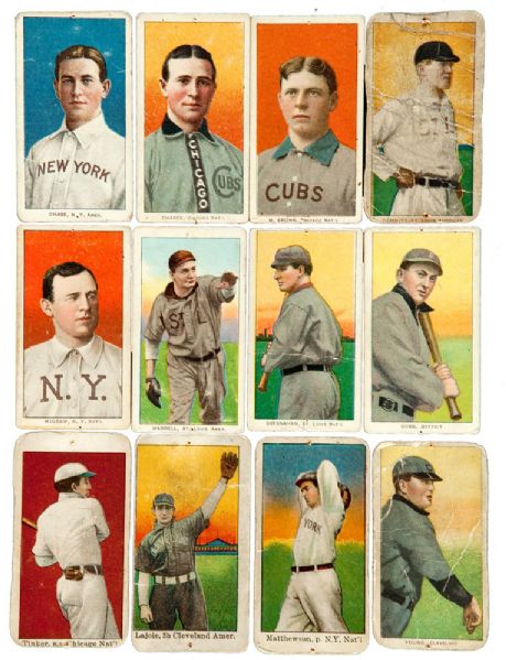 SHOEBOX COLLECTION OF (180) 1909-11 TOBACCO AND CANDY CARDS INCL. HOFERS AND T206 DEMMITT (ST. LOUIS) VARIATION 
