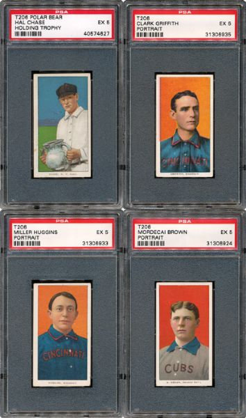 1909-1911 T206 GROUP OF FOUR WITH THREE HALL OF FAMERS - ALL PSA 5 EX