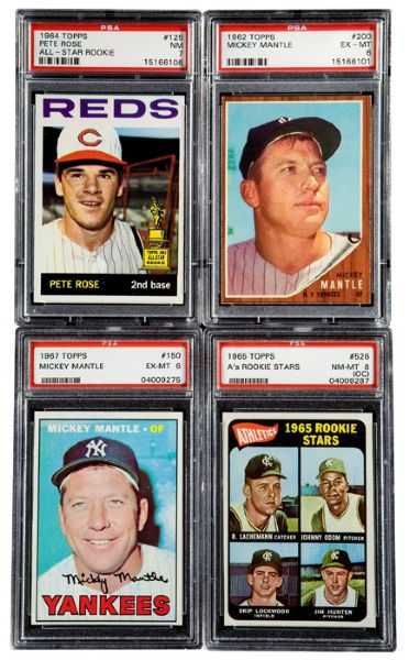1962 THRU 1968 HALL OF FAME AND ROOKIE PSA GRADED LOT OF 7 INCLUDING MANTLE (3), AARON AND ROSE