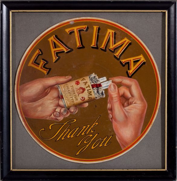 C.1910-20 ORIGINAL ARTWORK FOR FATIMA CIGARETTES ROUND ADVERTISING SIGN AND 1880S OLD JUDGE CIGARETTES ADVERTISING SIGN