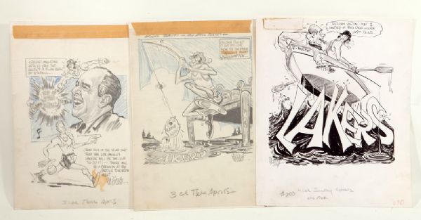 LOT OF THREE PHIL BISSELL ORIGINAL NEWSPAPER ARTWORKS WITH LOS ANGELES LAKERS CONTENT