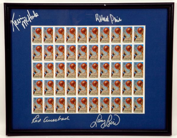 RED AUERBACHS 1991 BASKETBALL CENTENNIAL STAMPS SHEET SIGNED BY AUERBACH, BIRD AND OTHERS