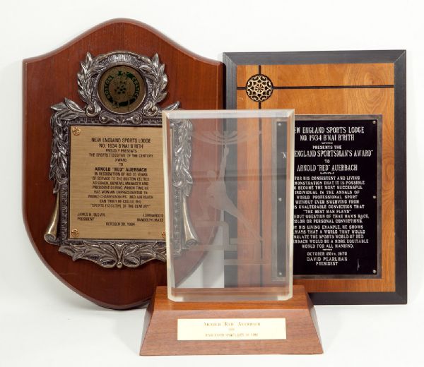 LOT OF THREE AWARD PLAQUES AND TROPHIES PRESENTED TO RED AUERBACH BY THE NEW ENGLAND BNAI BRITH SPORTS LODGE