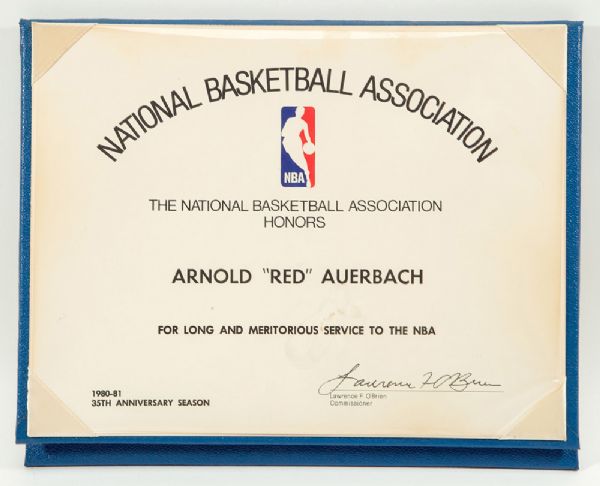 RED AUERBACHS MERITORIOUS SERVICE CERTIFICATE PRESENTED BY THE NBA ON ITS 35TH ANNIVERSARY