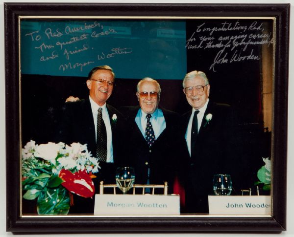 JOHN WOODEN AND MORGAN WOOTTEN SIGNED PHOTO INSCRIBED TO RED AUERBACH