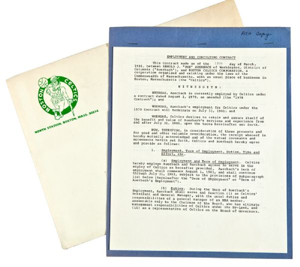 RED AUERBACHS 1981 SIGNED BOSTON CELTICS CONTRACT FOR SERVICES AS TEAM PRESIDENT AND GENERAL MANAGER