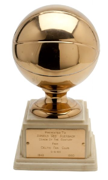 RED AUERBACHS 1960 COACH OF THE CENTURY TROPHY FROM BOSTON CELTICS FAN CLUB