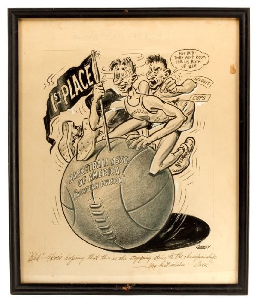 RED AUERBACHS CA. 1947 WASHINGTON CAPITOLS ORIGINAL NEWSPAPER ART BY COAKLEY INSCRIBED TO RED AUERBACH