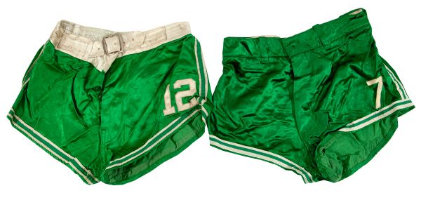 TWO PAIRS OF 1950S BOSTON CELTICS GAME WORN SHORTS ATTRIBUTED TO DERMIE OCONNELL AND BOB DONHAM FROM RED AUERBACHS COLLECTION