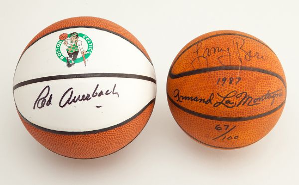 PAIR OF SIGNED MINI BASKETBALLS - RED AUERBACH AND LARRY BIRD