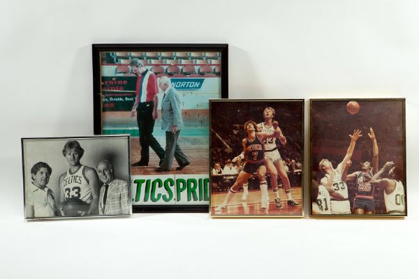 LOT OF FOUR LARRY BIRD PHOTOGRAPHS FROM RED AUERBACHS OFFICE INC. ONE SIGNED TO RED 