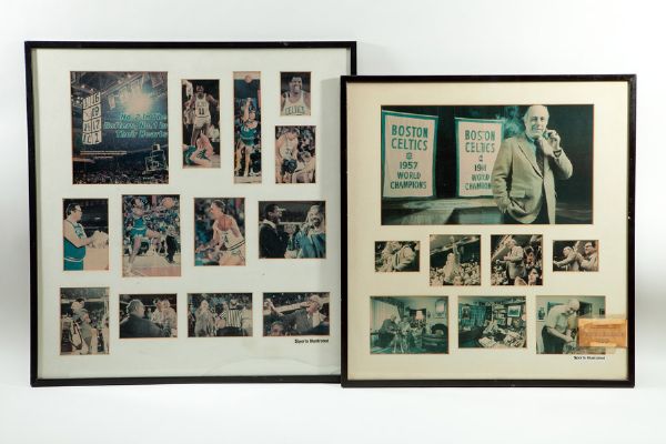 PAIR OF FRAMED PHOTO COLLAGES FROM RED AUERBACHS OFFICE 
