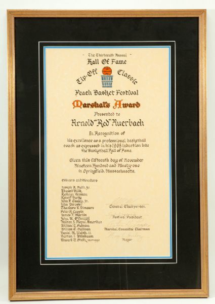 1991 HALL OF FAME TIP OFF CLASSIC MARSHALS AWARD PRESENTED TO RED AUERBACH 