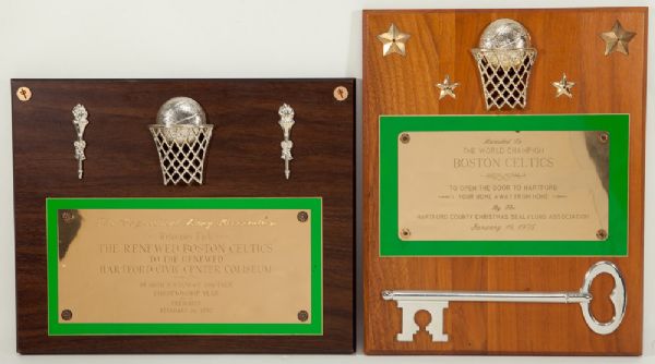 PAIR OF AWARD PLAQUES PRESENTED TO RED AUERBACH AND THE BOSTON CELTICS