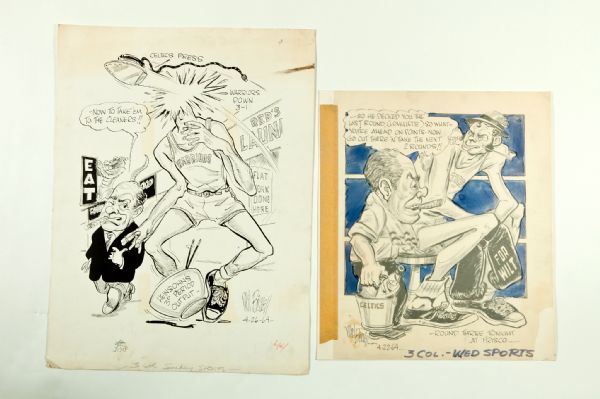 PAIR OF BOSTON CELTICS ORIGINAL NEWSPAPER ARTWORK BY BISSELL FROM APRIL 1964 
