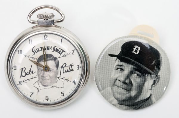 BABE RUTH POCKET WATCH AND BABE RUTH WATCH FOB SCORER (BOSTON BRAVES CAP)
