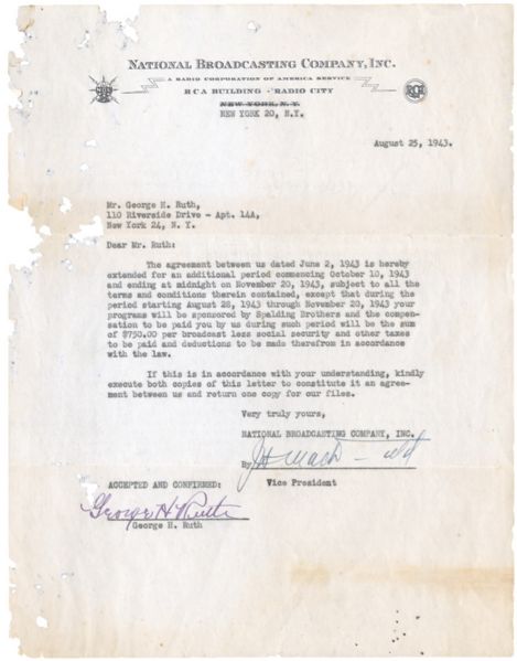 1943 BABE RUTH SIGNED NBC CONTRACT (LOA FROM RUTH FAMILY MEMBER)