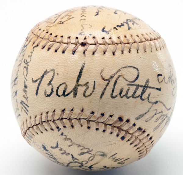 1938 BROOKLYN DODGERS TEAM SIGNED BASEBALL FEATURING BABE RUTH