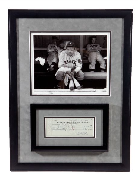 FRAMED BABE RUTH TWICE SIGNED CHECK WITH PHOTO PSA/DNA 8.5