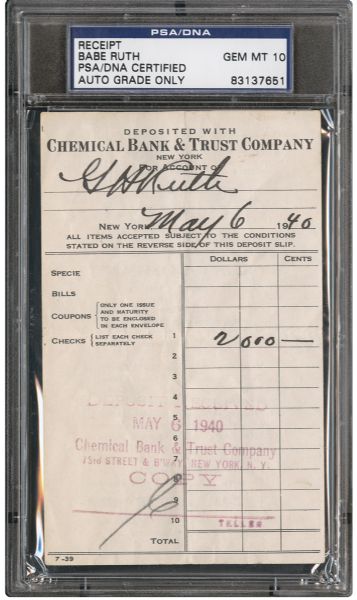 1940 BABE RUTH SIGNED BANK DEPOSIT RECEIPT (PSA/DNA GEM MINT 10)