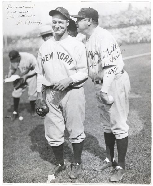 EXCEPTIONAL OVERSIZED BABE RUTH AND LOU GEHRIG DUAL SIGNED PHOTOGRAPH FROM 1932 WORLD SERIES FROM THE CHRISTY WALSH ESTATE (PSA/DNA TYPE I)
