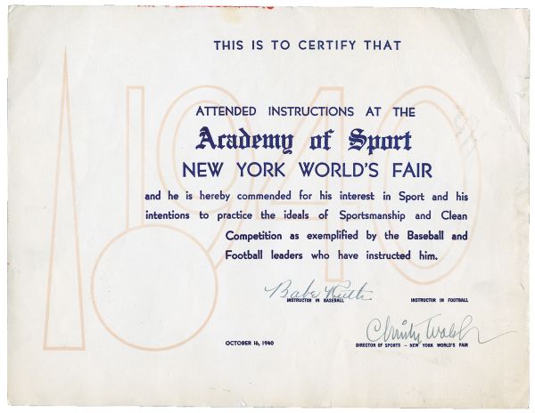 1940 NEW YORK WORLDS FAIR ACADEMY OF SPORT CERTIFICATE SIGNED BY BABE RUTH AND CHRISTY WALSH