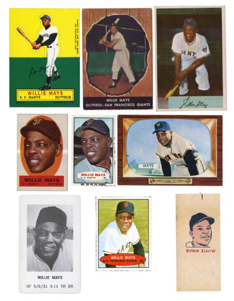 WILLIE MAYS COLLECTION OF 13 INC. 1954 B0WMAN, 1955 BOWMAN, 1958 HIRES, 1964 TOPPS STAND-UP