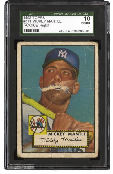 1952 TOPPS #311 MICKEY MANTLE ROOKIE CARD POOR SGC 10