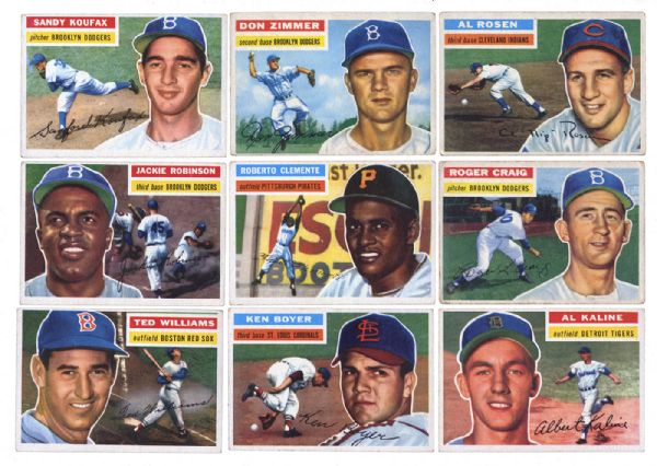 1956 TOPPS BASEBALL LOT OF 14 INC. WILLIAMS, KOUFAX, ROBINSON, CLEMENTE, AND KALINE