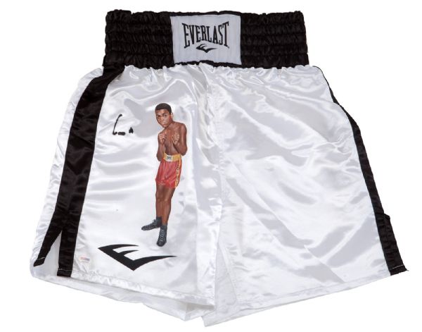 MUHAMMAD ALI "CASSIUS CLAY" AUTOGRAPHED HAND PAINTED EVERLAST BOXING TRUNKS