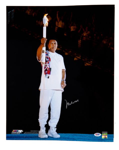 MUHAMMAD ALI AUTOGRAPHED 16" BY 20" PHOTOGRAPH (LIGHTING THE 1996 OLYMPIC TORCH)