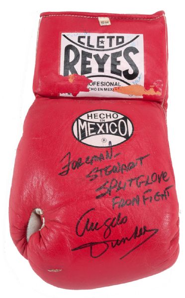 GEORGE FOREMAN FIGHT WORN (SPLIT) BOXING GLOVE VS. ALEX STEWART APRIL 11, 1992 INSCRIBED BY ANGELO DUNDEE