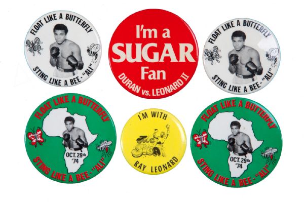 ANGELO DUNDEES COLLECTION OF (6) MUHAMMAD ALI AND SUGAR RAY LEONARD VINTAGE SOUVENIR BUTTONS