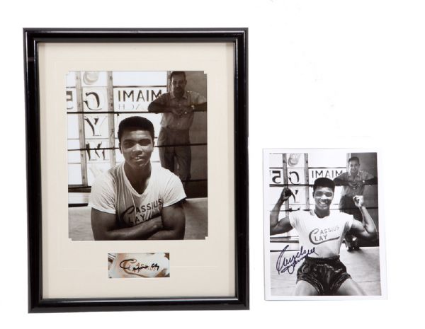 MUHAMMAD ALI SIGNED "CASSIUS CLAY" CUT PHOTO DISPLAY AND ANGELO DUNDEE SIGNED 5TH STREET GYM PHOTO