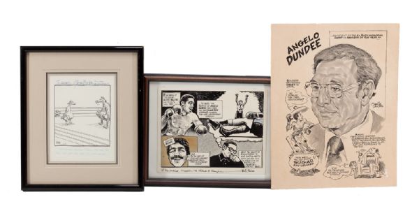 ANGELO DUNDEES LOT OF (3) ORIGINAL CARICATURE AND COMIC ART DISPLAY PIECES