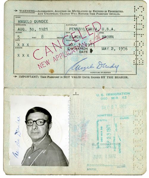 ANGELO DUNDEES SIGNED 1971-76 PASSPORT USED TO TRAVEL TO ZAIRE IN 1974 FOR "THE RUMBLE IN THE JUNGLE"