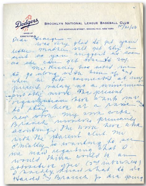GEORGE SISLERS 1950 FOUR-PAGE HANDWRITTEN LETTER TO GEORGE SISLER JR. ON BROOKLYN DODGERS LETTERHEAD W/ BASEBALL CONTENT (SISLER FAMILY LOA) 