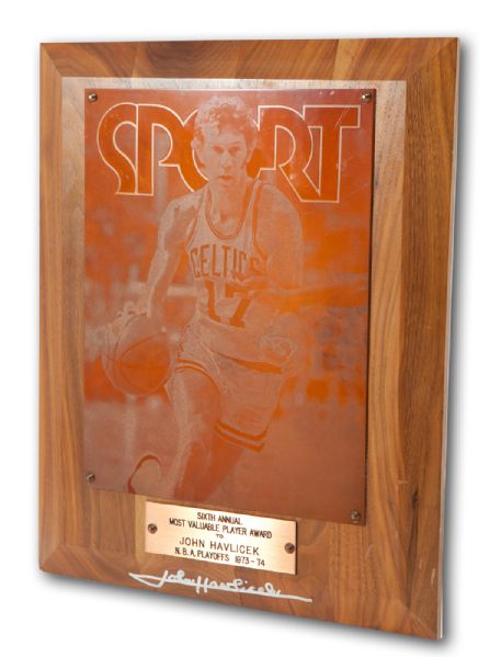 JOHN HAVLICEK’S SPORT MAGAZINE 1973-74 SIGNED NBA PLAYOFFS MOST VALUABLE PLAYER AWARD (HAVLICEK LOA)