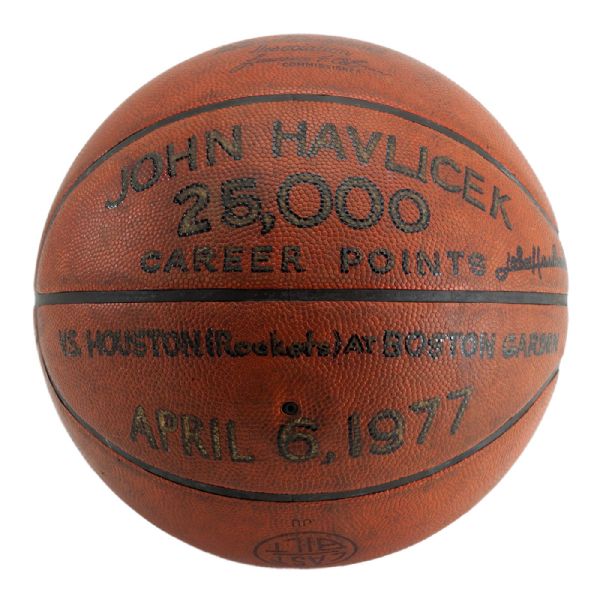 JOHN HAVLICEK’S 1977 SIGNED OFFICIAL WILSON NBA GAME BASKETBALL USED TO SCORE 25,000TH POINT (HAVLICEK LOA) 