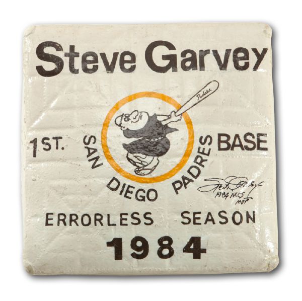 STEVE GARVEYS 1984 SAN DIEGO PADRES SIGNED AND INSCRIBED GAME USED 1ST BASE HONORING GARVEYS ERRORLESS SEASON (GARVEY LOA) 