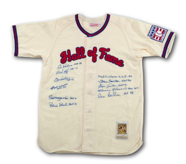 ROLLIE FINGERS HALL OF FAME MULTI-SIGNED JERSEY SIGNED BY FINGERS AND 10 OTHERS (FINGERS LOA) 