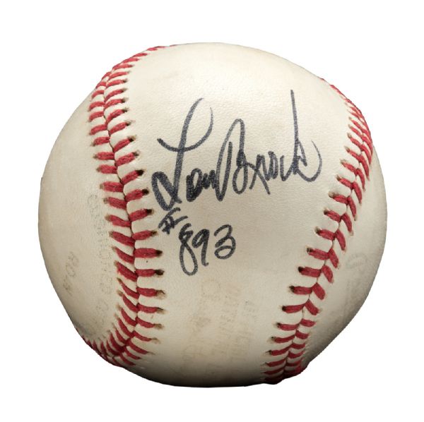 ROLLIE FINGERS 1977 GAME USED BASEBALL FROM LOU BROCKS RECORD BREAKING 893 STOLEN BASE GAME SIGNED BY BROCK ON FIELD FOR FINGERS (FINGERS LOA) 