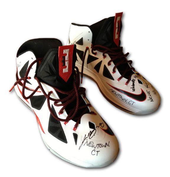 UPPER DECK AUTHENTICATED LEBRON JAMES SIGNED AND INSCRIBED “NEWTOWN CT” GAME WORN SHOES (PROCEEDS TO BENEFIT NEWTOWN MEMORIAL FUND THROUGH LEBRON JAMES FAMILY FOUNDATION)