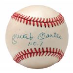 MICKEY MANTLE SINGLE SIGNED OAL (BROWN) BASEBALL WITH INSCRIPTION "NO. 7"
