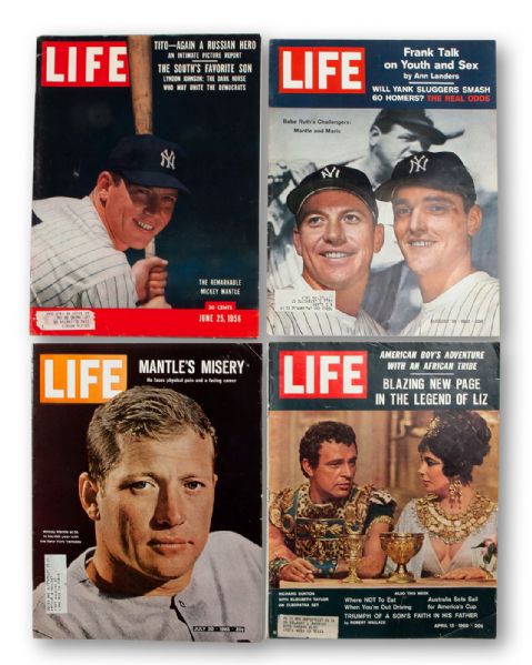 4/13/62 LIFE MAGAZINE WITH POST CEREAL MANTLE & MARIS CARDS PLUS ALL 3 LIFE MAGAZINES WITH MICKEY MANTLE ON THE COVER